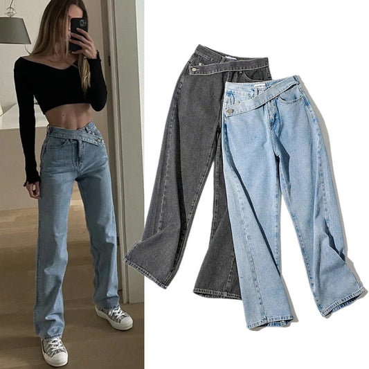 Autumn New Fashion Oblique Waist Wide-Legged Straight Jeans