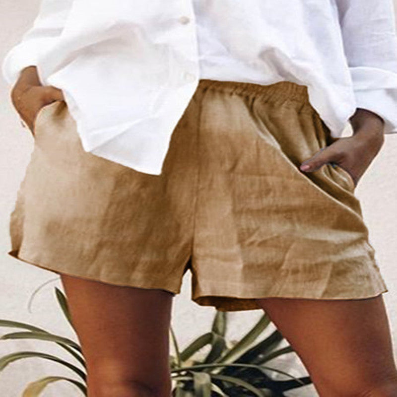 High Waist Solid Color Casual Linen Pocket Straight Shorts