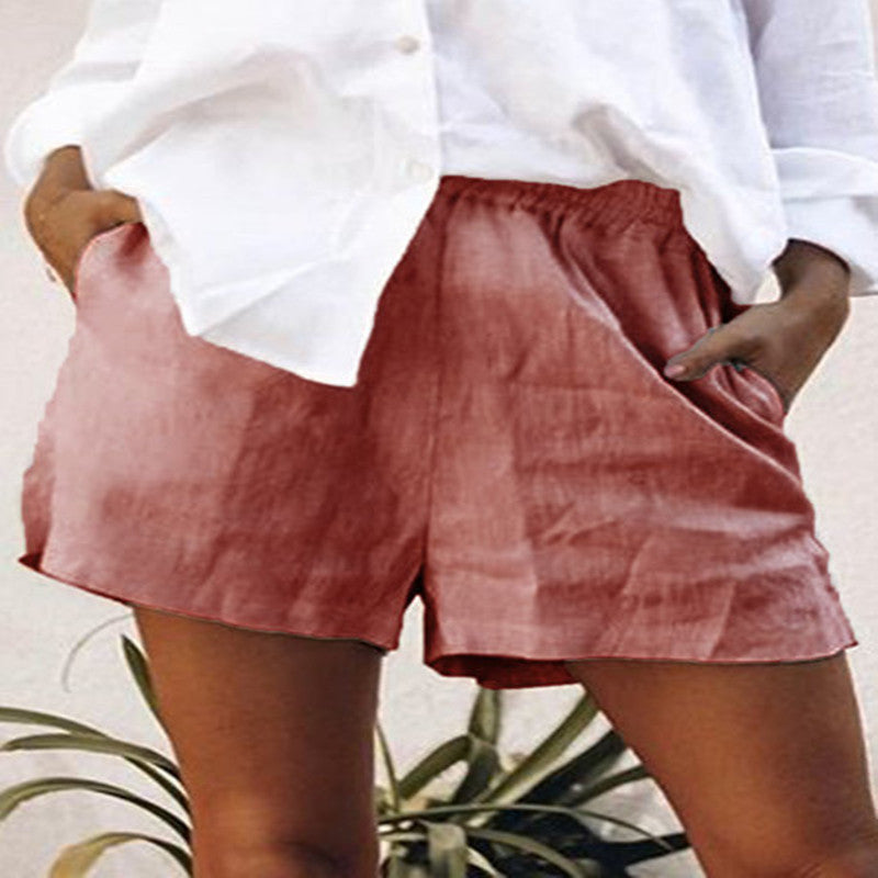 High Waist Solid Color Casual Linen Pocket Straight Shorts