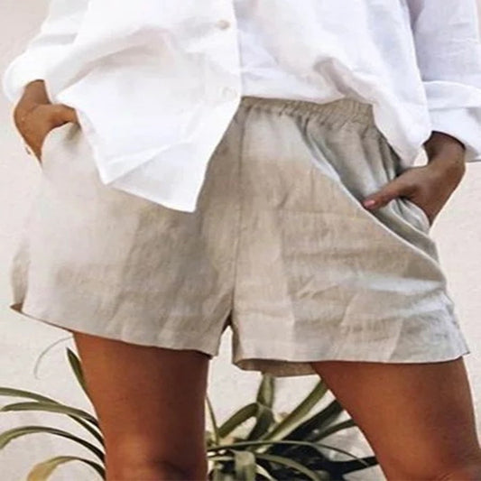 High Waist Solid Color Casual Linen Pocket Straight Shorts