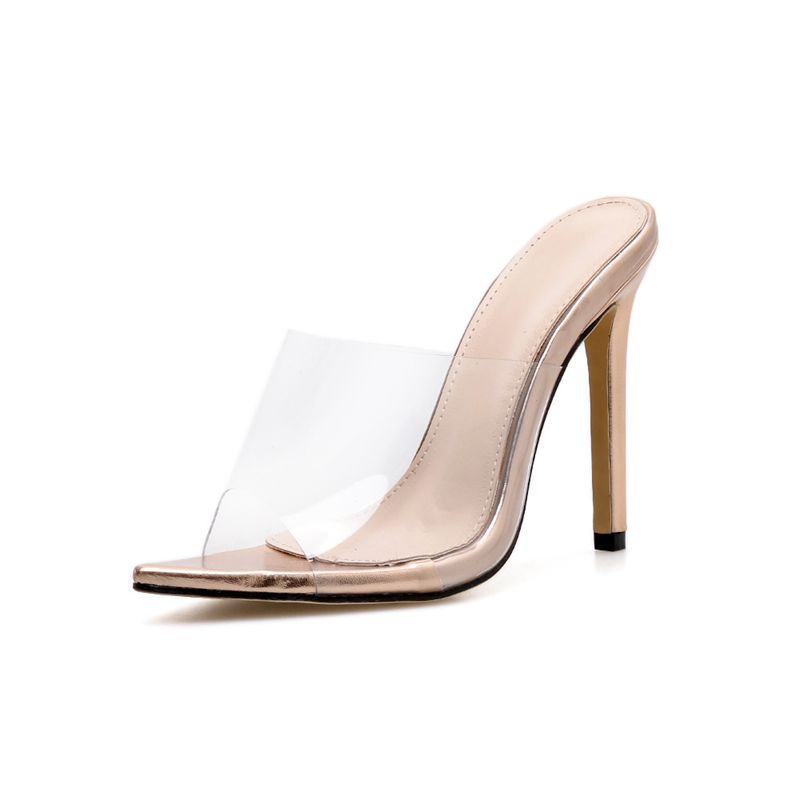 Pointed Transparent Golden Retro Dtiletto Dandals And Slippers