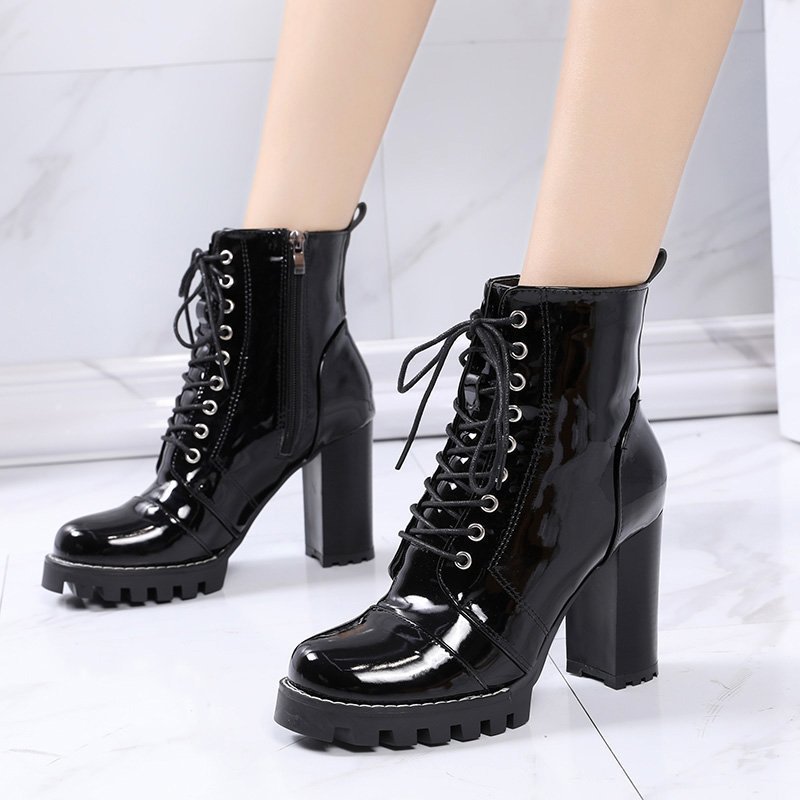Women's High-Heeled Round Toe Thick-Heeled Platform Lace-Up Martin Boots