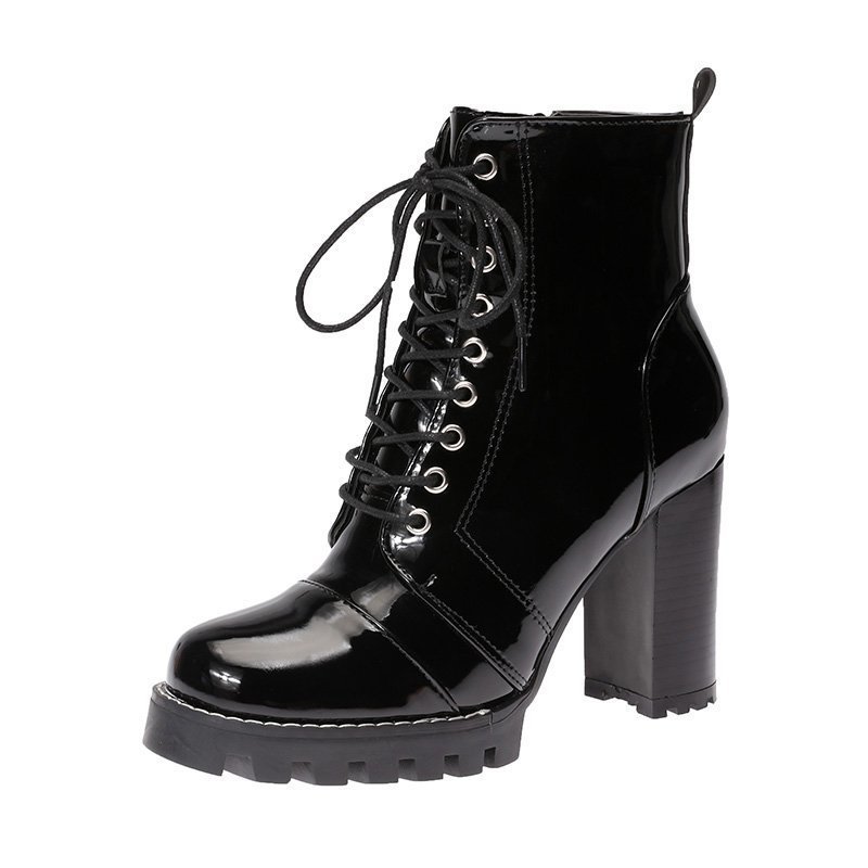 Women's High-Heeled Round Toe Thick-Heeled Platform Lace-Up Martin Boots