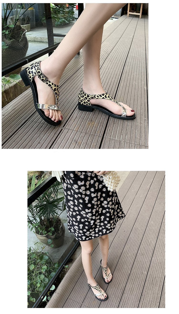 Summer Bohemian Buckle Women's Shoes Color-Blocking Flat-Heeled Round-Toe Slippers