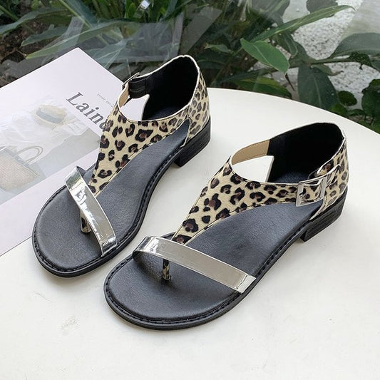 Summer Bohemian Buckle Women's Shoes Color-Blocking Flat-Heeled Round-Toe Slippers