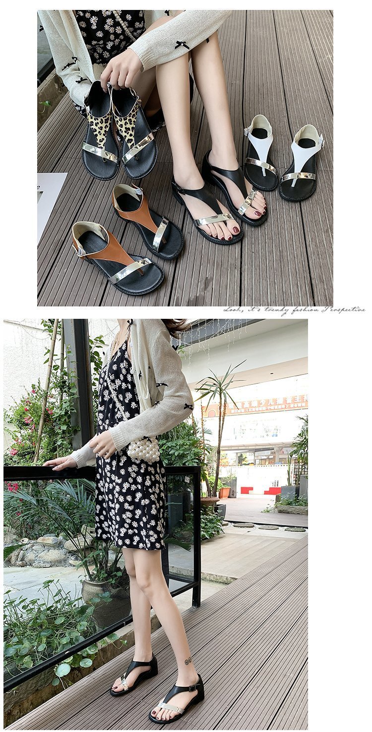 Summer Bohemian Buckle Women's Shoes Color-Blocking Flat-Heeled Round-Toe Slippers
