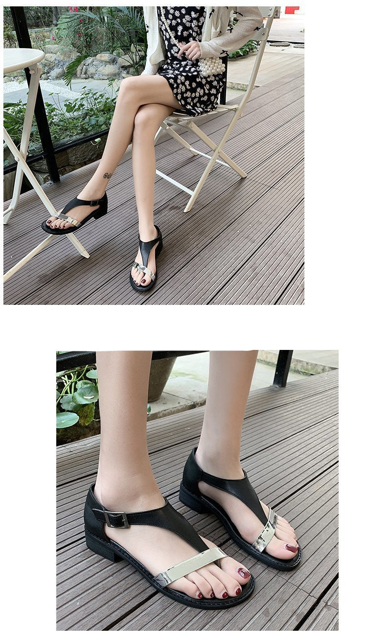 Summer Bohemian Buckle Women's Shoes Color-Blocking Flat-Heeled Round-Toe Slippers