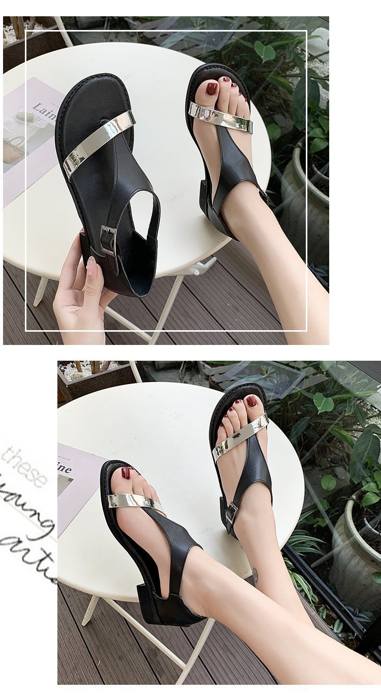 Summer Bohemian Buckle Women's Shoes Color-Blocking Flat-Heeled Round-Toe Slippers