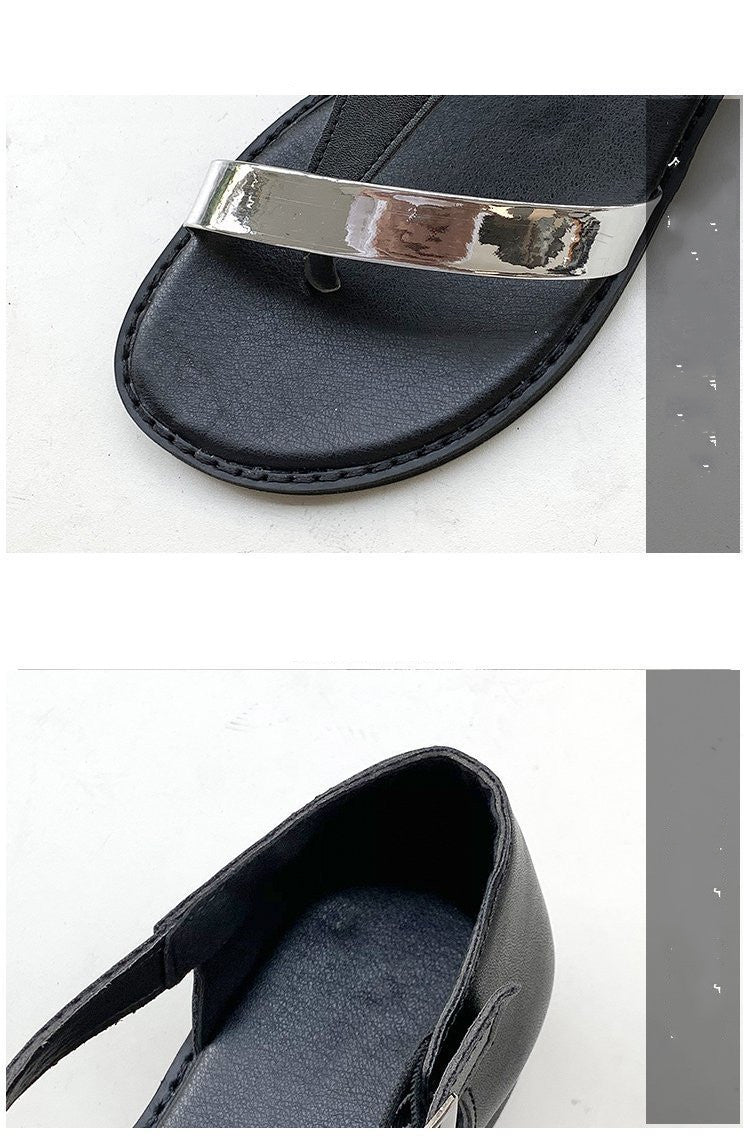 Summer Bohemian Buckle Women's Shoes Color-Blocking Flat-Heeled Round-Toe Slippers