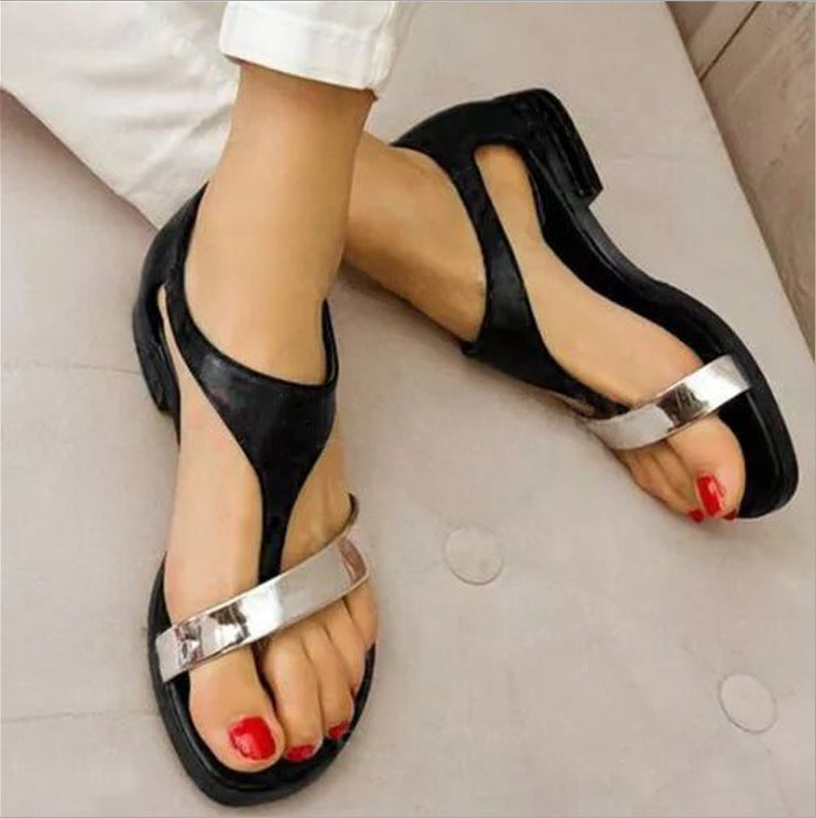Summer Bohemian Buckle Women's Shoes Color-Blocking Flat-Heeled Round-Toe Slippers