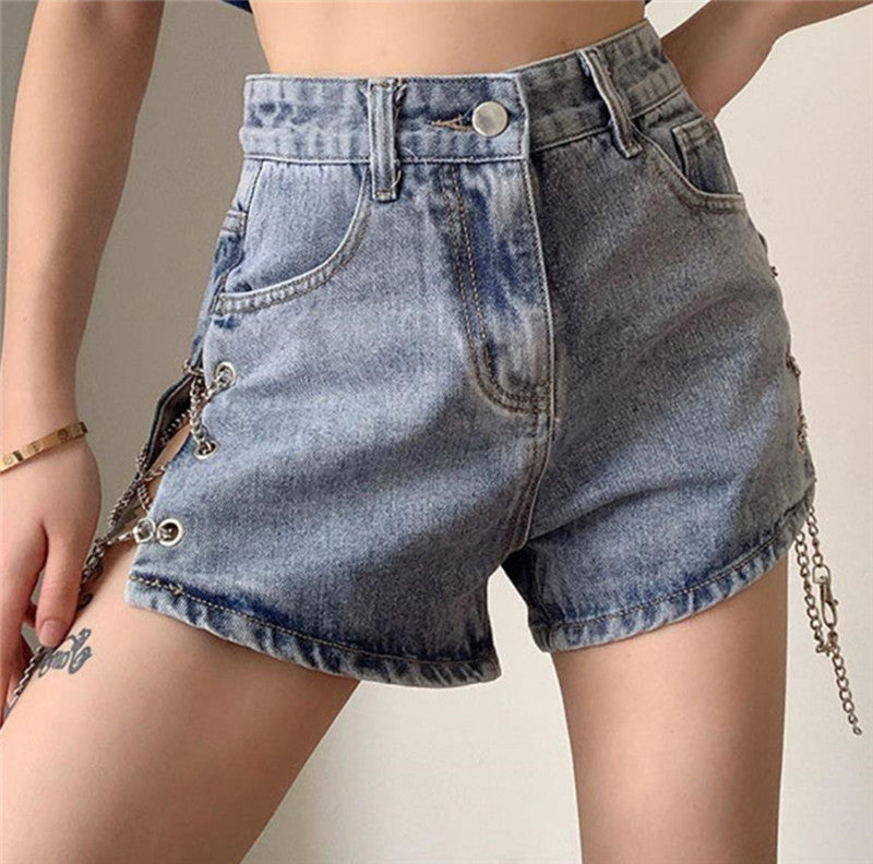 Side Slit Chain Hollow Denim Shorts Women's High Waist Was Thin and Versatile