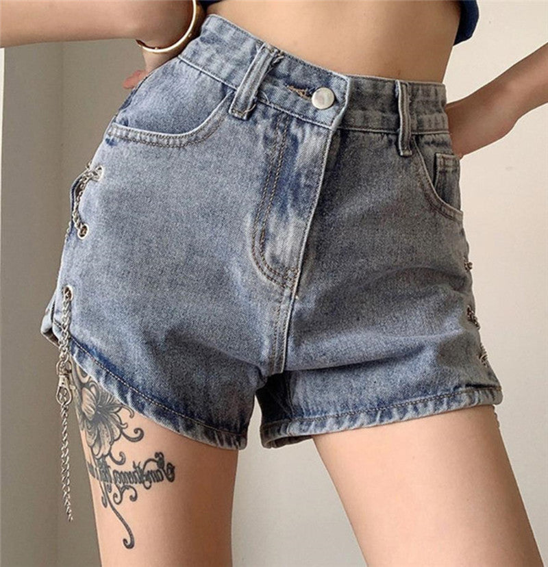 Side Slit Chain Hollow Denim Shorts Women's High Waist Was Thin and Versatile