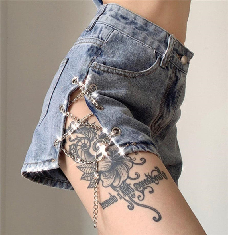 Side Slit Chain Hollow Denim Shorts Women's High Waist Was Thin and Versatile