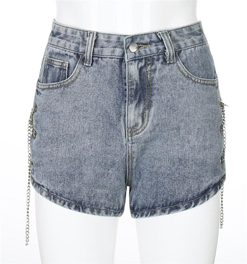 Side Slit Chain Hollow Denim Shorts Women's High Waist Was Thin and Versatile