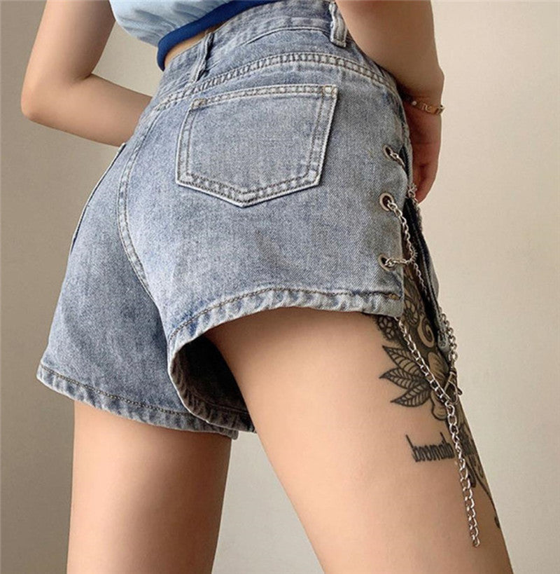 Side Slit Chain Hollow Denim Shorts Women's High Waist Was Thin and Versatile