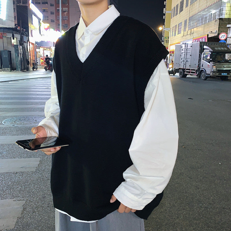 Sweater Men's Solid Color Vest Korean Style College Style Sleeveless V-neck Sweater