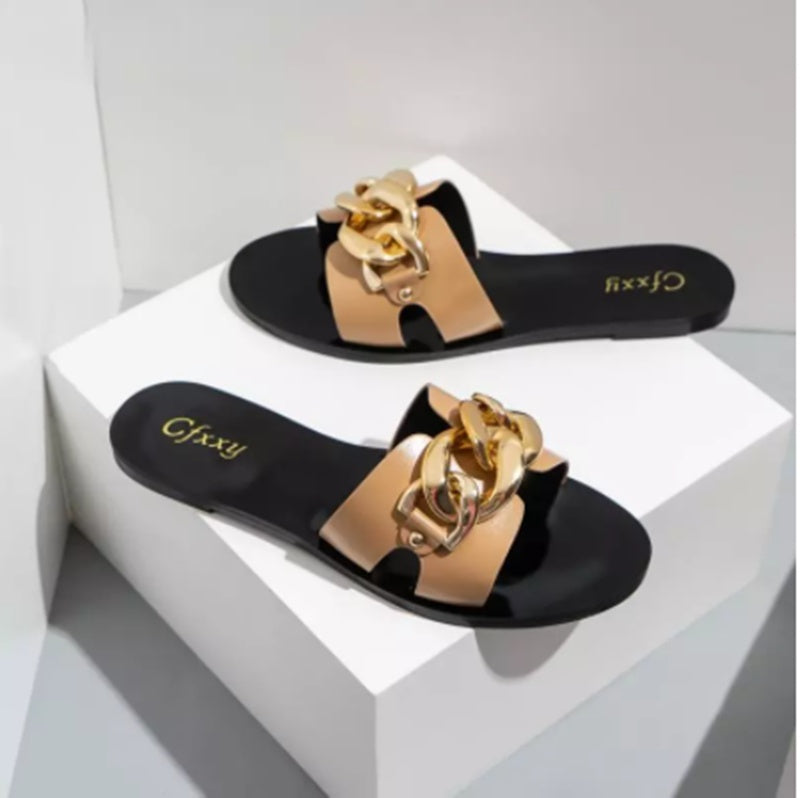 European and American Fashion Metal Chain Flat Heel Sandals Women
