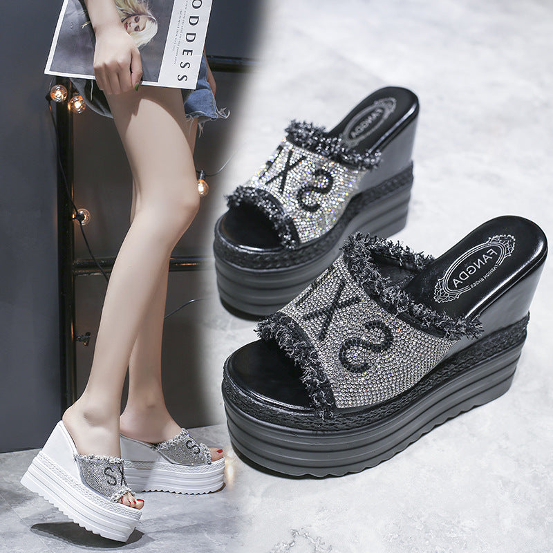 Platform Sandals And Slippers With Wedge Heel And Rhinestones