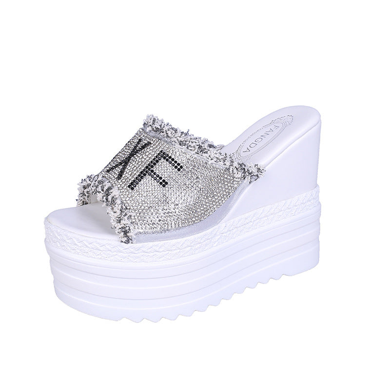 Platform Sandals And Slippers With Wedge Heel And Rhinestones