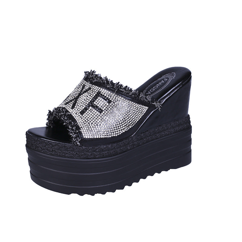 Platform Sandals And Slippers With Wedge Heel And Rhinestones