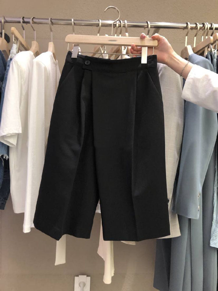 High Waist Buttoned Solid Color Casual Pants All-Match Five-Point Pants