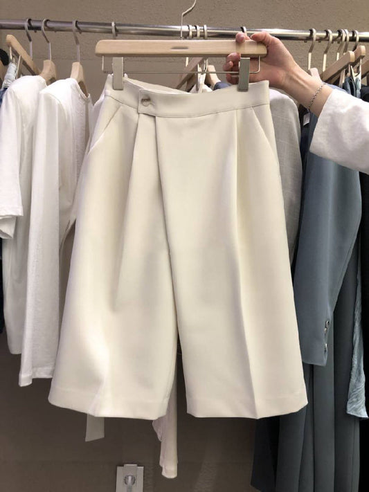 High Waist Buttoned Solid Color Casual Pants All-Match Five-Point Pants