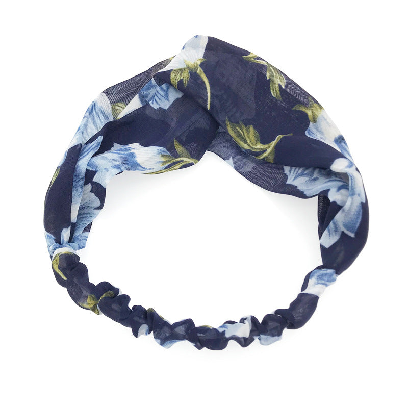 Simple Retro Printed Cross Elastic Camellia Headband