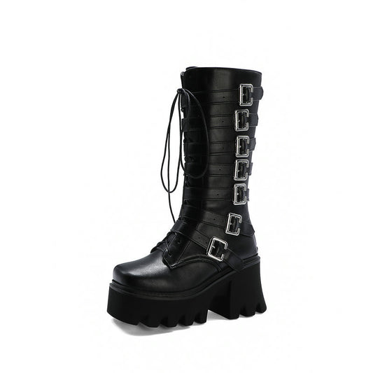 Thick-Heeled High-Heeled Women's Boots With Lace-Up Belt Buckle