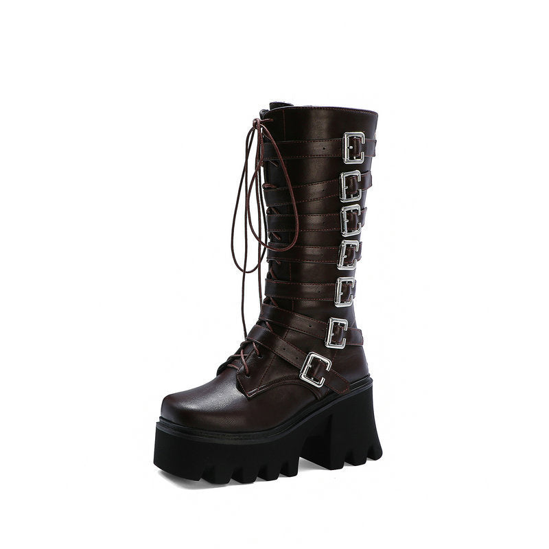 Thick-Heeled High-Heeled Women's Boots With Lace-Up Belt Buckle