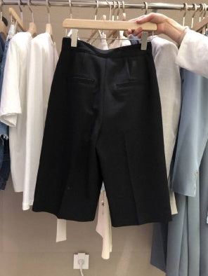 High Waist Buttoned Solid Color Casual Pants All-Match Five-Point Pants