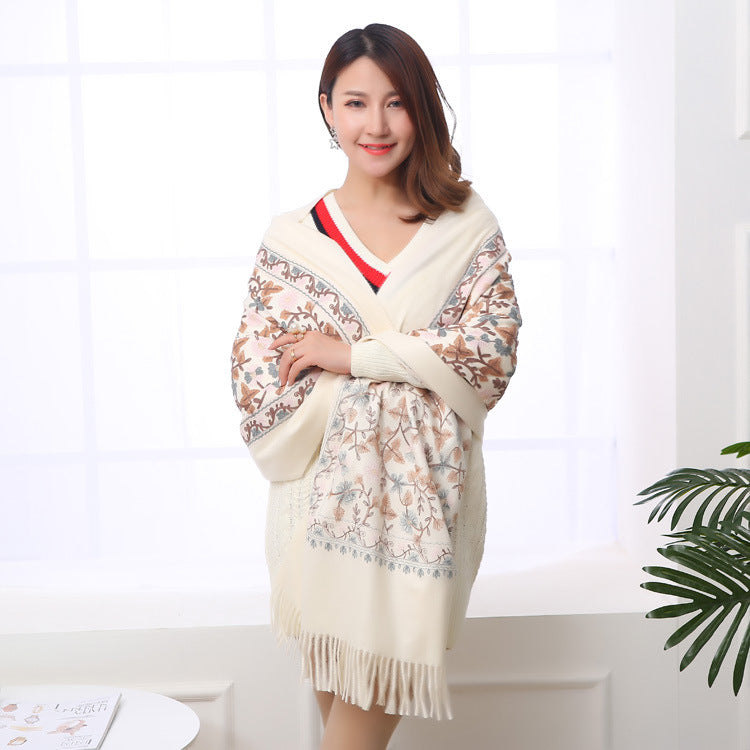 Embroidered Shawl Warmth And Thick Fringed Cashmere Scarf