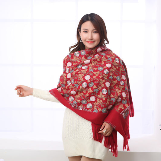 Embroidered Shawl Warmth And Thick Fringed Cashmere Scarf