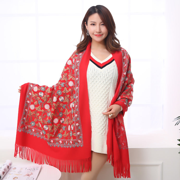 Embroidered Shawl Warmth And Thick Fringed Cashmere Scarf
