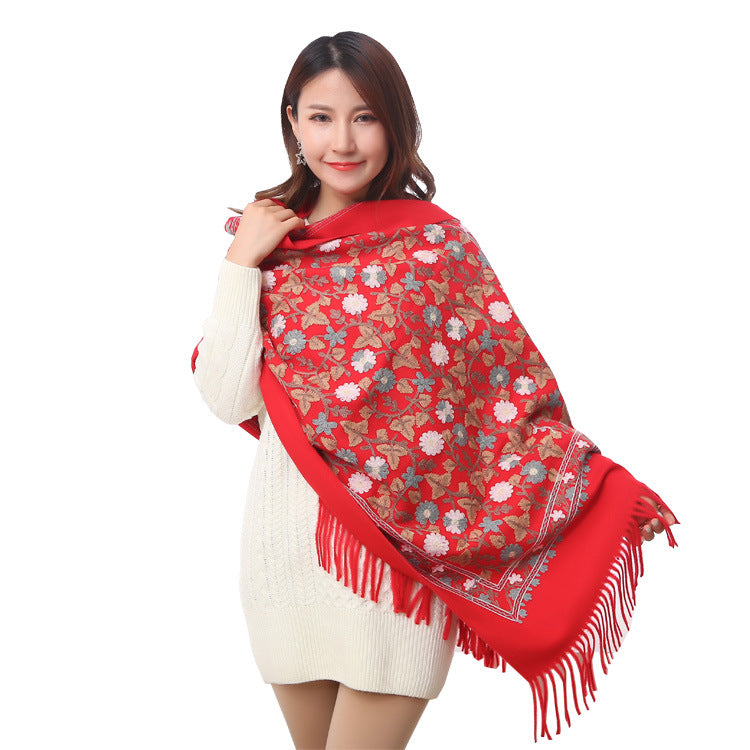Embroidered Shawl Warmth And Thick Fringed Cashmere Scarf