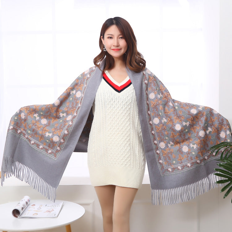 Embroidered Shawl Warmth And Thick Fringed Cashmere Scarf