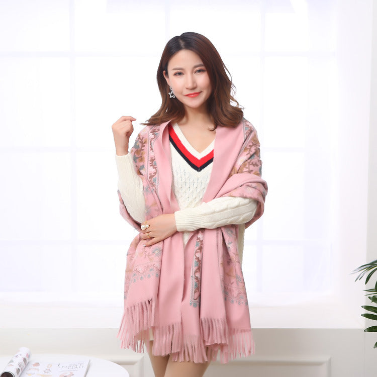 Embroidered Shawl Warmth And Thick Fringed Cashmere Scarf