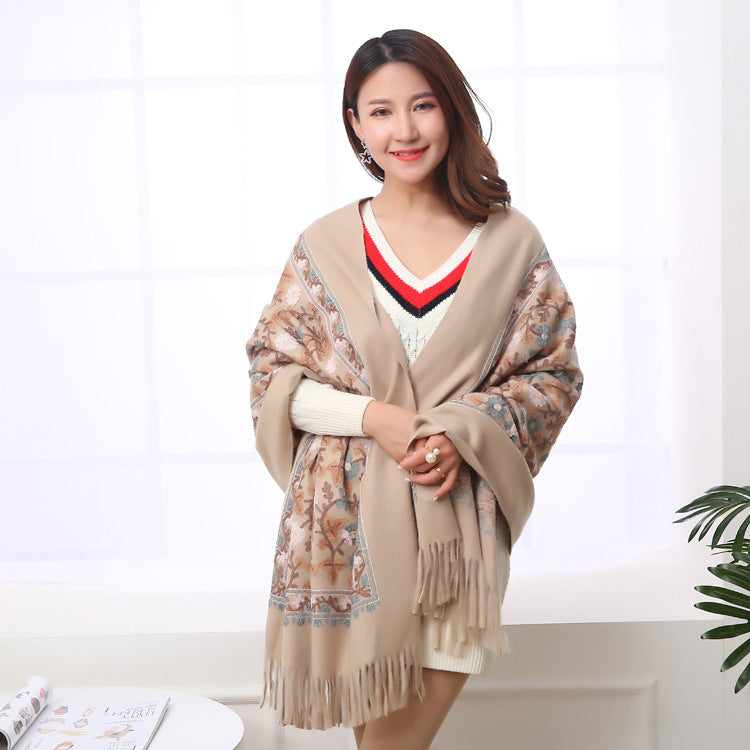Embroidered Shawl Warmth And Thick Fringed Cashmere Scarf
