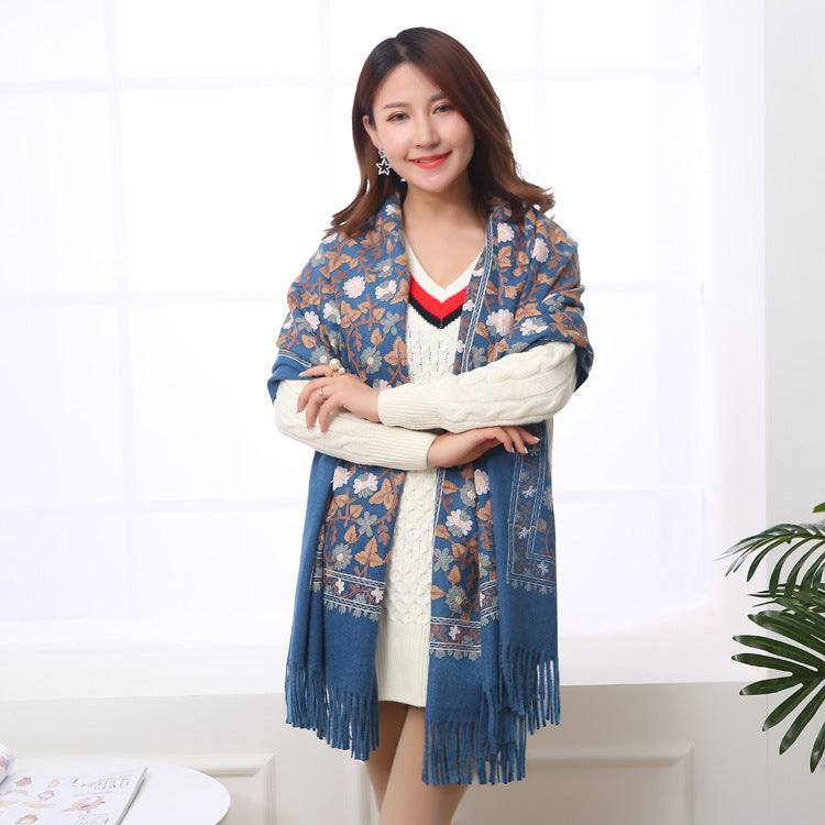 Embroidered Shawl Warmth And Thick Fringed Cashmere Scarf