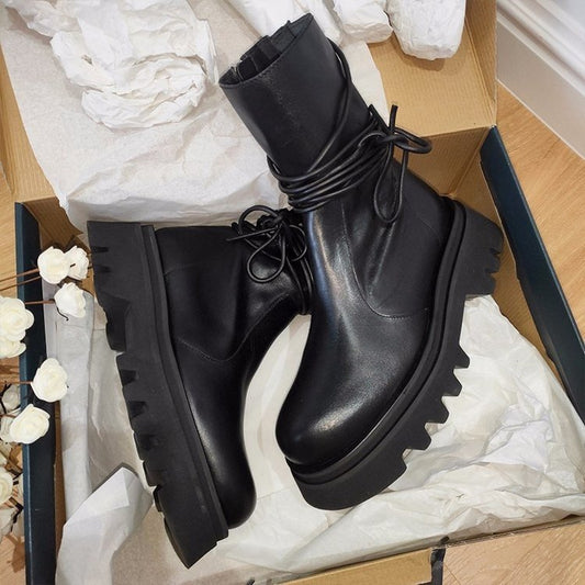 New Retro Side Zipper Ankle Boots, Handsome Thick-Soled Black Mid-Tube Boots
