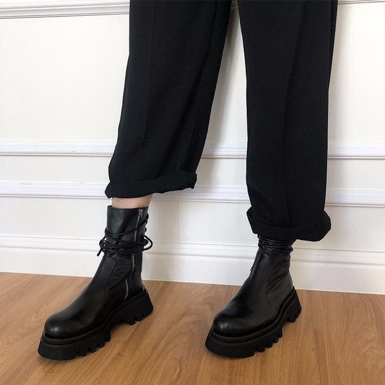 New Retro Side Zipper Ankle Boots, Handsome Thick-Soled Black Mid-Tube Boots
