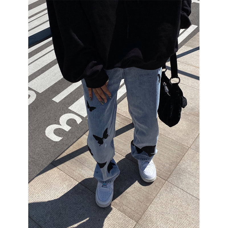 Women's Butterfly Light Color Jeans Straight Wide Leg Pants