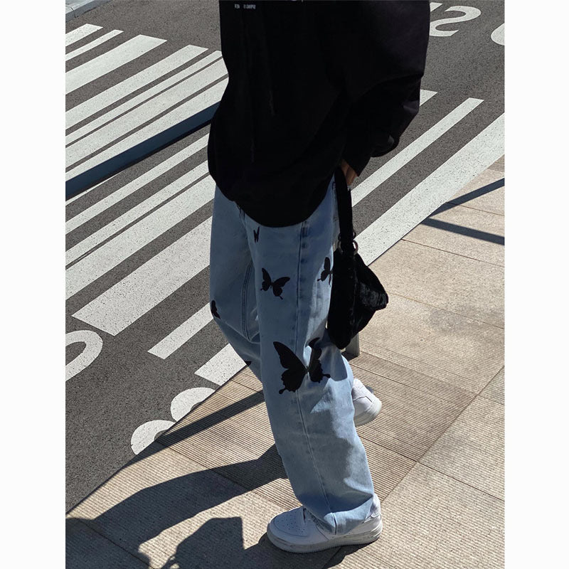 Women's Butterfly Light Color Jeans Straight Wide Leg Pants