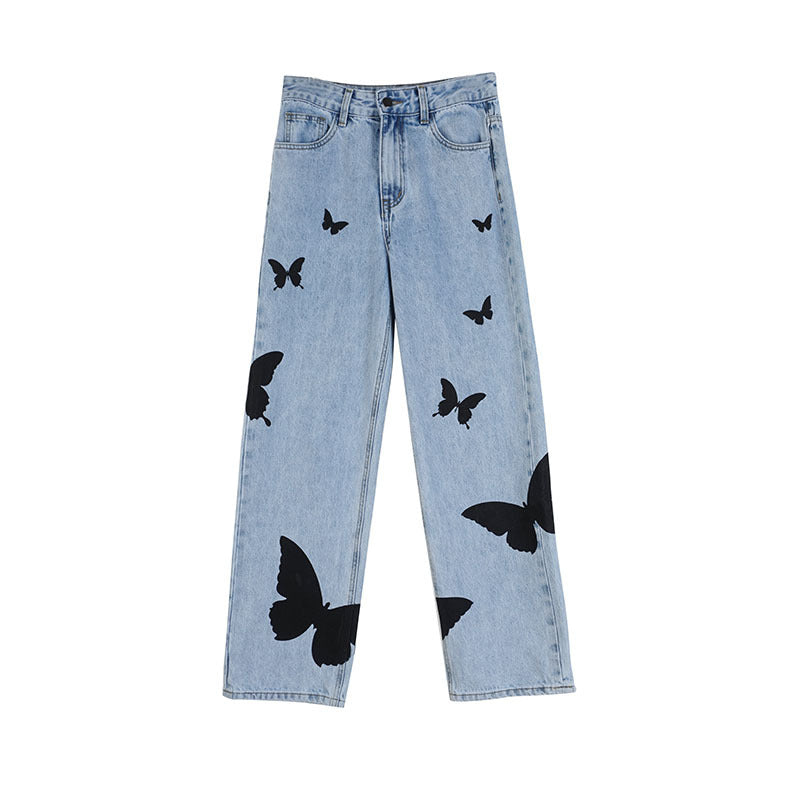 Women's Butterfly Light Color Jeans Straight Wide Leg Pants