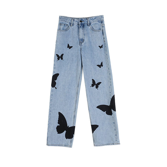 Women's Butterfly Light Color Jeans Straight Wide Leg Pants