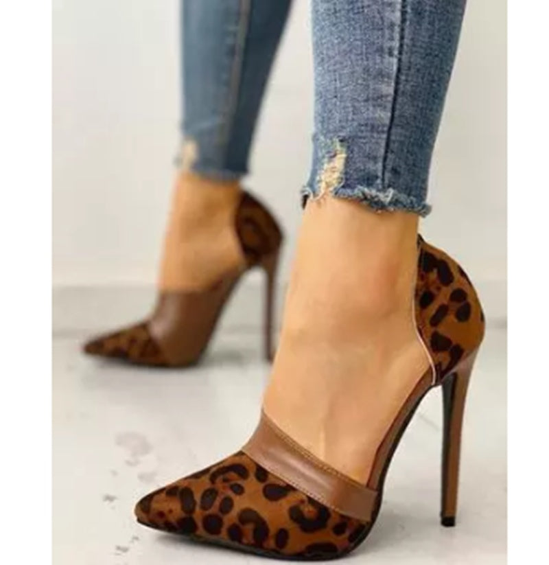 Leopard Print Women's Shoes Stiletto Suede Shallow Mouth Side Empty Bag Heel Shoes
