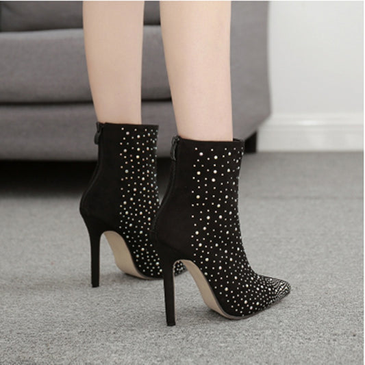 Suede Rhinestone High-heeled Short Boots Women's Stiletto Pointed Martin Boots