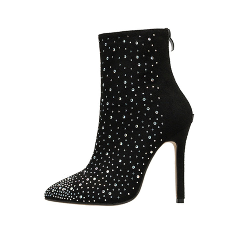 Suede Rhinestone High-heeled Short Boots Women's Stiletto Pointed Martin Boots