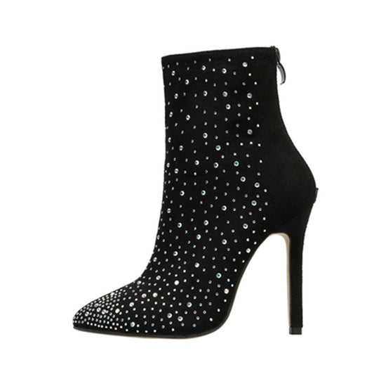 Suede Rhinestone High-heeled Short Boots Women's Stiletto Pointed Martin Boots