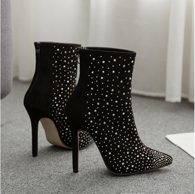 Suede Rhinestone High-heeled Short Boots Women's Stiletto Pointed Martin Boots