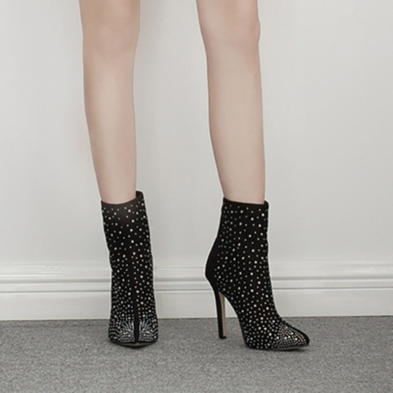 Suede Rhinestone High-heeled Short Boots Women's Stiletto Pointed Martin Boots